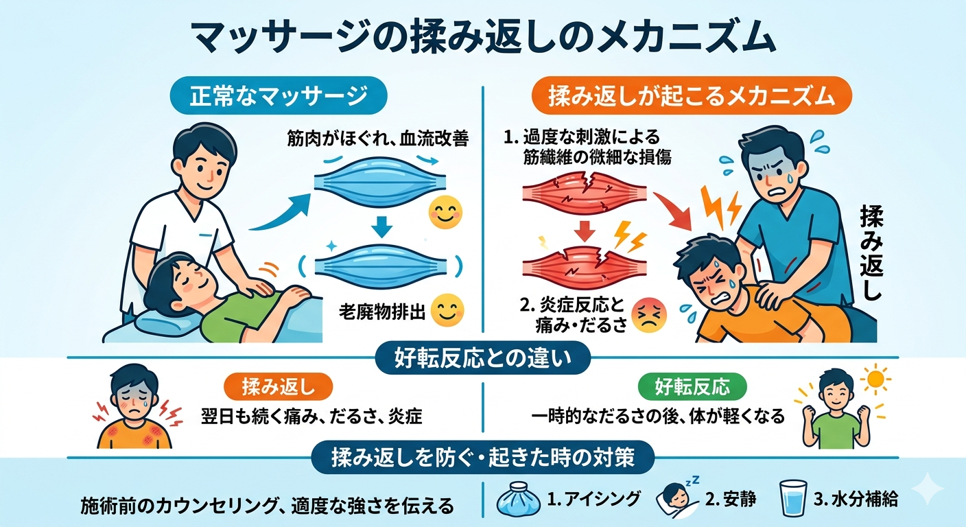 マッサージの「揉み返し」はなぜ起こる？メカニズム・好転反応との違い・対処法を徹底解説