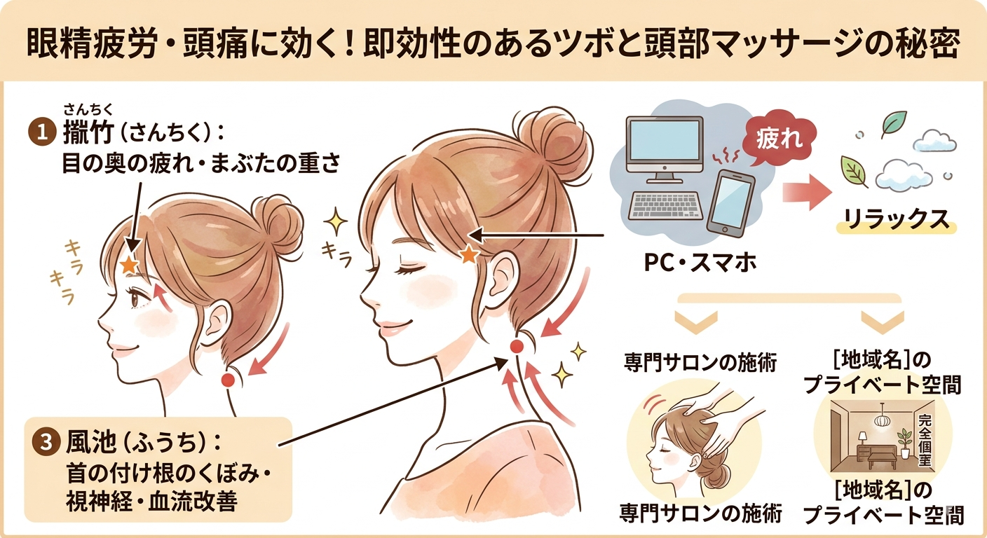 眼精疲労からくる頭痛に効く！即効性のあるツボと頭部マッサージの秘密