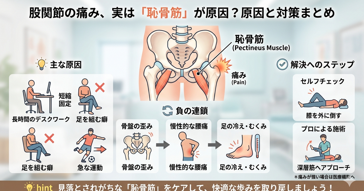 股関節の痛みは「恥骨筋」が原因？足の付け根の違和感を解消する専門 