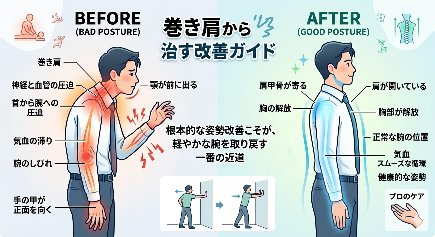 腕のしびれは「巻き肩」が原因？姿勢から治す改善ガイド
