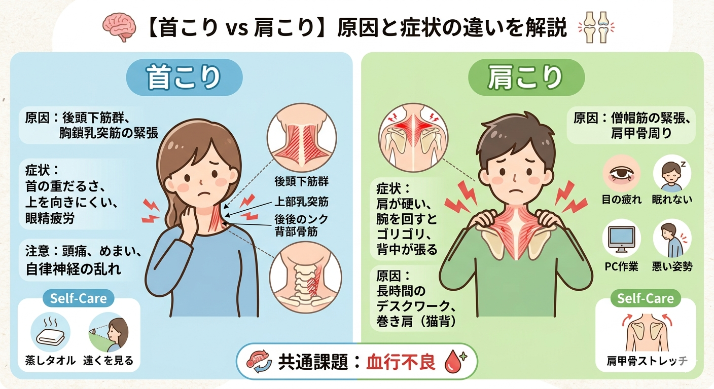 【首こり vs 肩こり】原因と症状の違いを専門家が徹底解説！