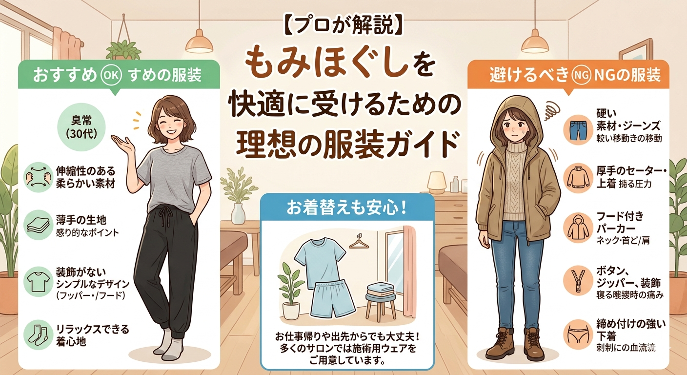 【プロが解説】もみほぐし・マッサージを受ける時の理想の服装とは？OK・NG例と効果を高めるポイント
