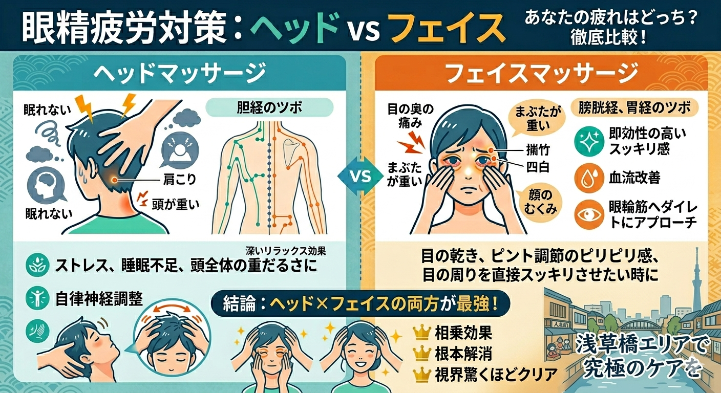 【眼精疲労】ヘッドマッサージとフェイスマッサージはどっちが効果等？プロが教える選び方と東洋医学的アプローチ