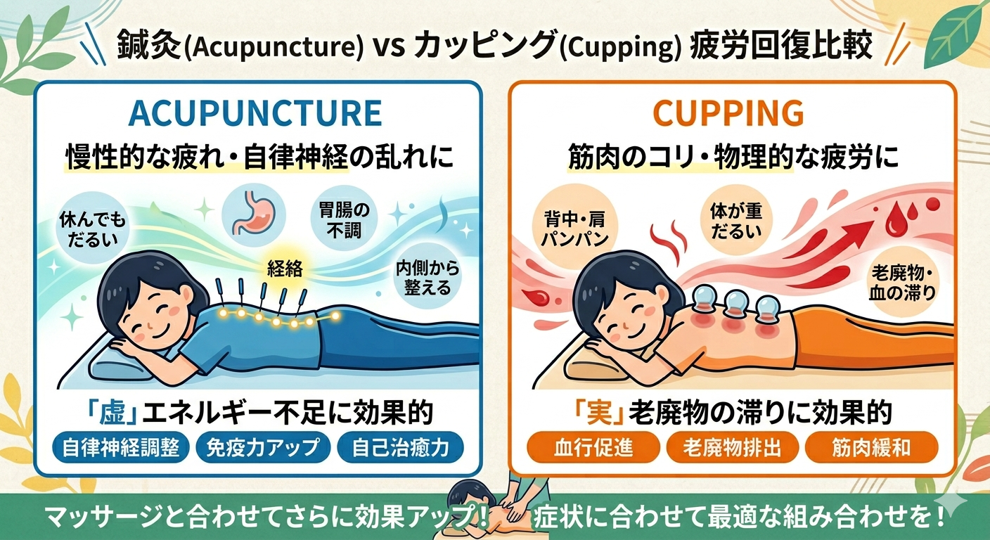 【徹底比較】鍼 vs カッピング、疲労回復に向いてるのはどっち？マッサージ（もみほぐし）と相性が良い組み合わせも解説！