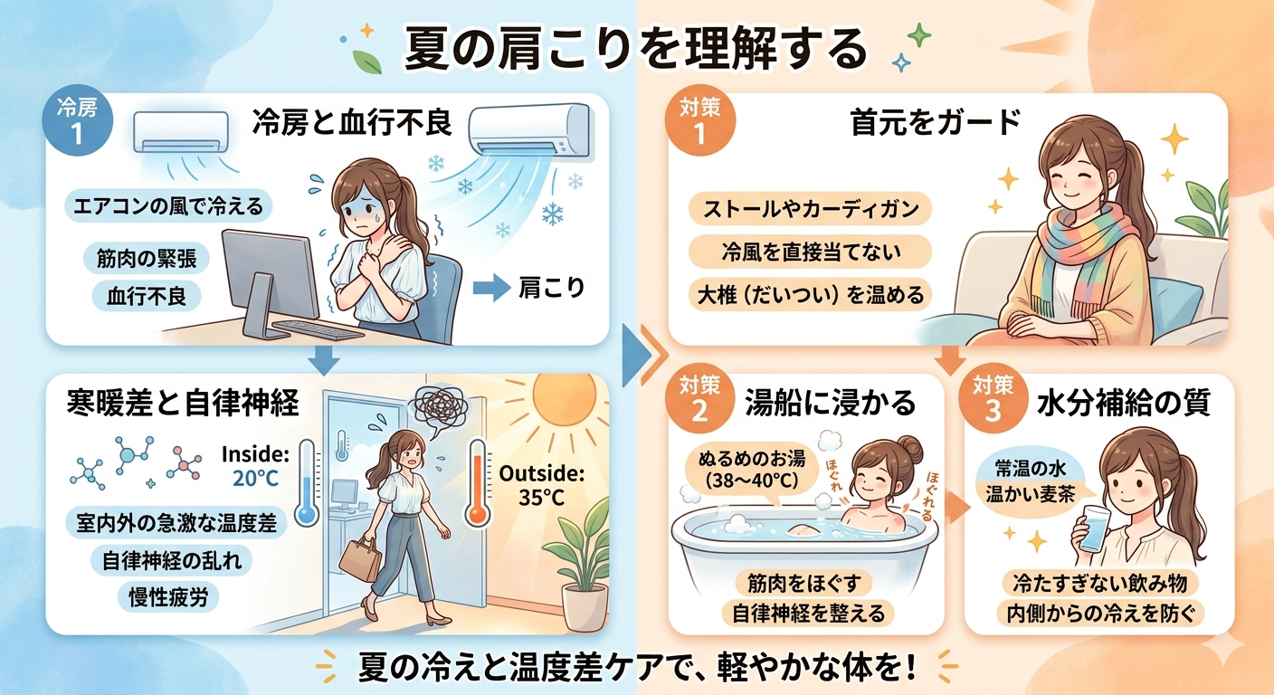 夏なのになぜ？「夏の肩こり」の原因と浅草橋でできる東洋医学的ケア