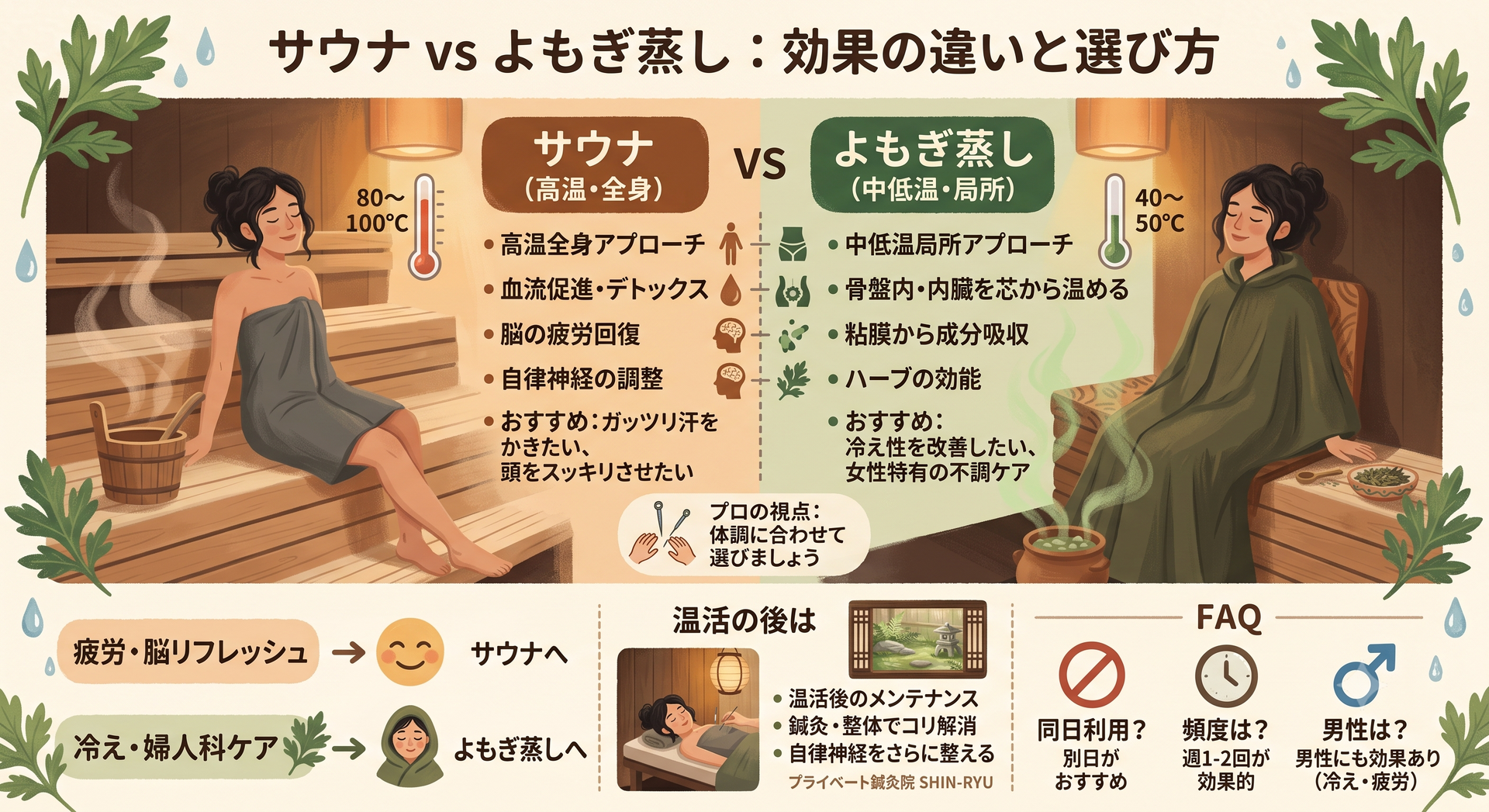 【プロが解説】サウナとよもぎ蒸しの効果の違いとは！あなたに合う温活の選び方