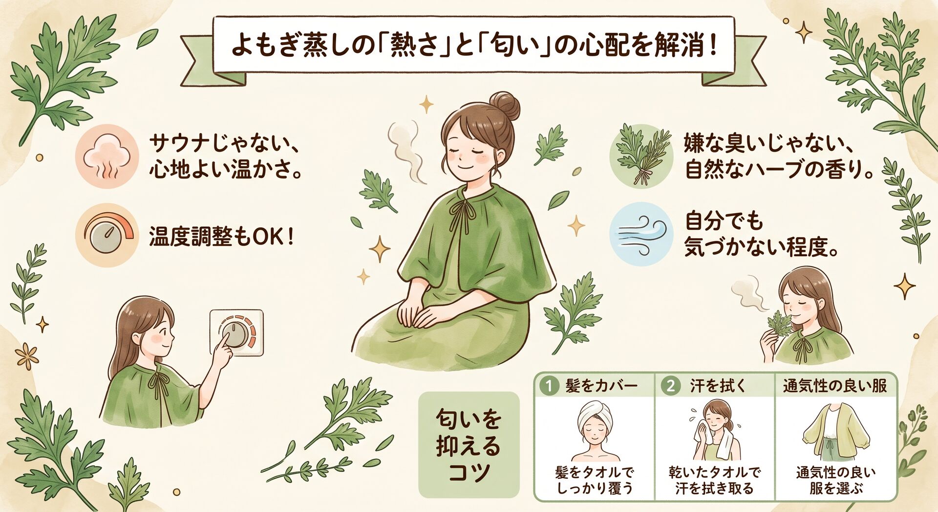 【鍼灸師が解説】よもぎ蒸しは熱い？終わった後の臭いは残る？初心者の疑問を解決