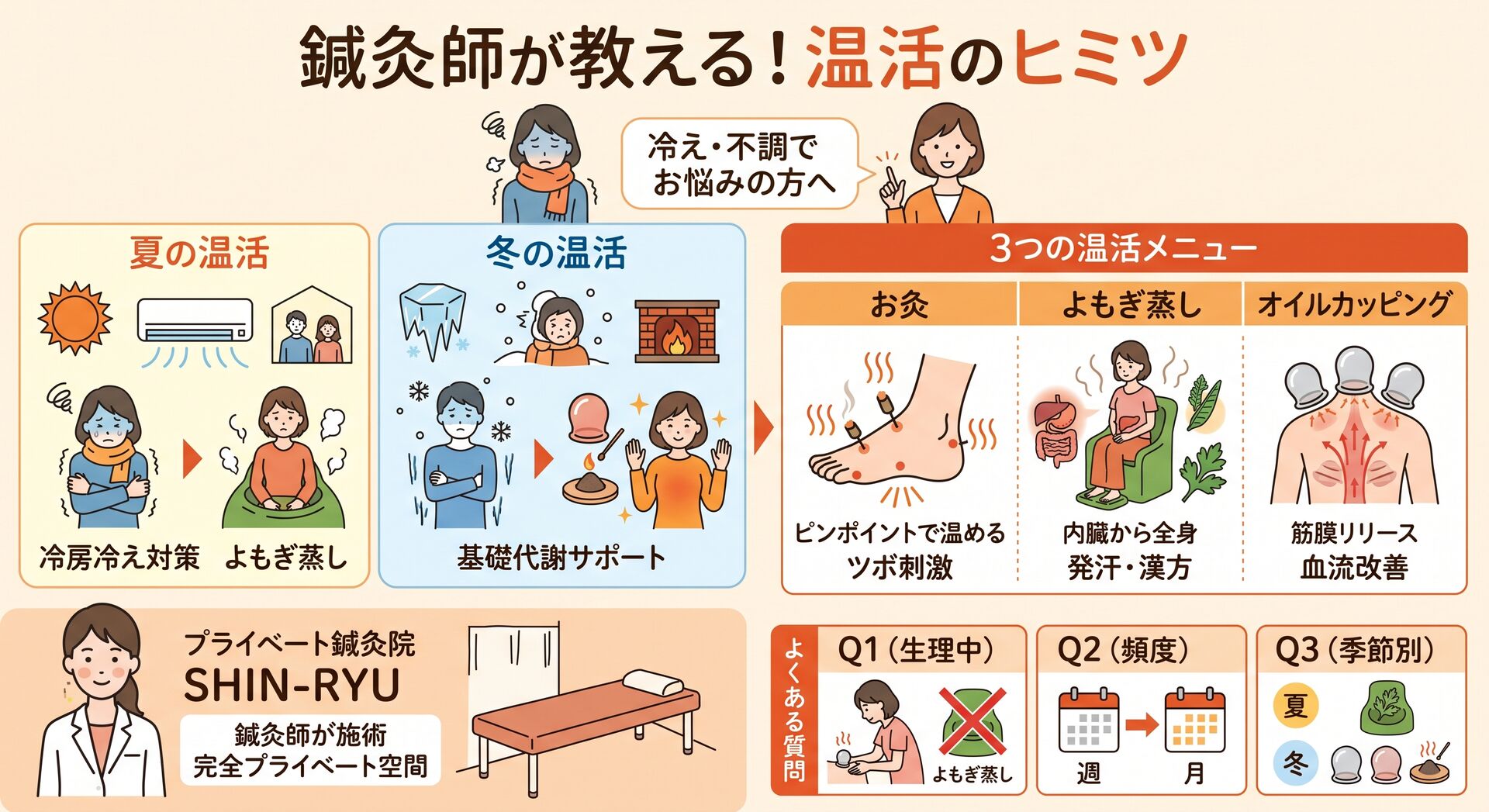【鍼灸師が解説】温活の最適なタイミングはいつ？夏と冬の効果の違い＆お灸・よもぎ蒸し・カッピングの選び方