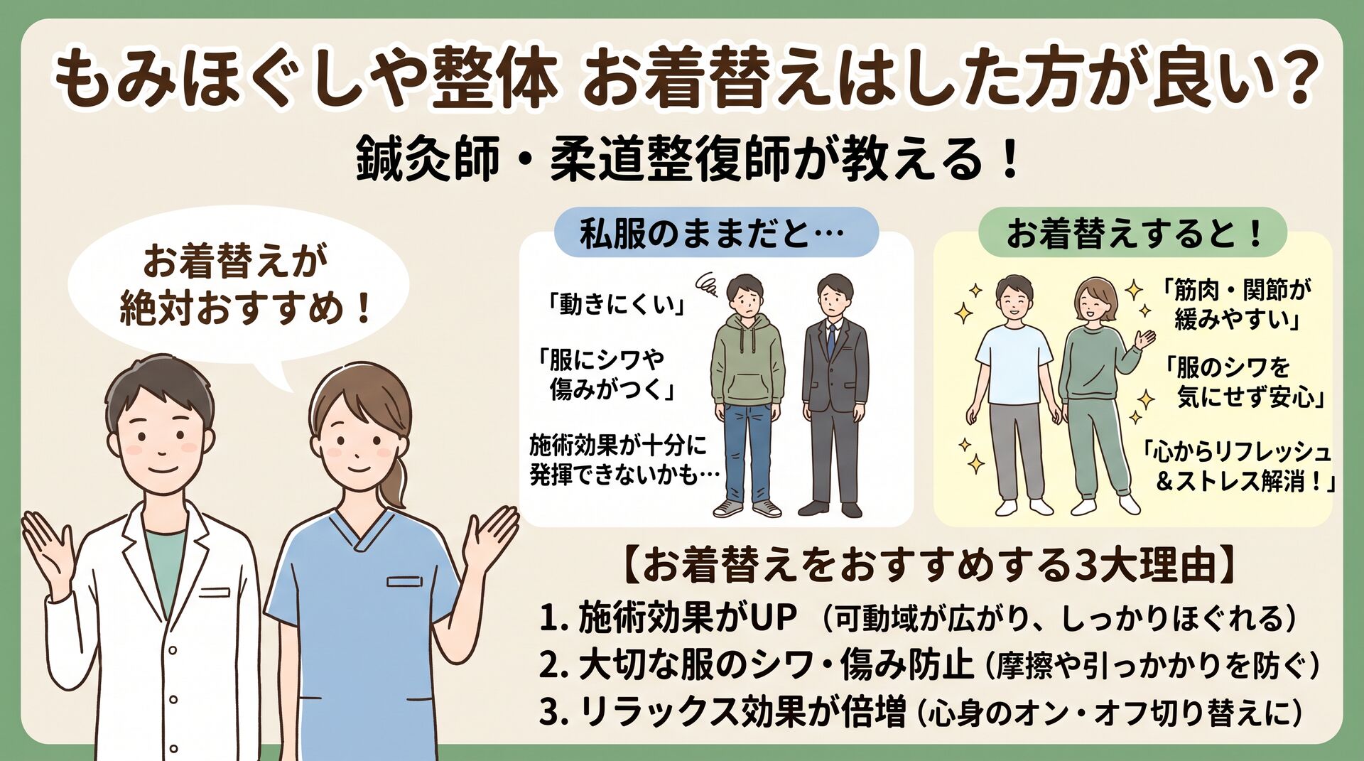 【鍼灸師・柔道整復師が解説】もみほぐしや整体で着替えはした方が良いの？有料着替えの真相と効果を高める服装