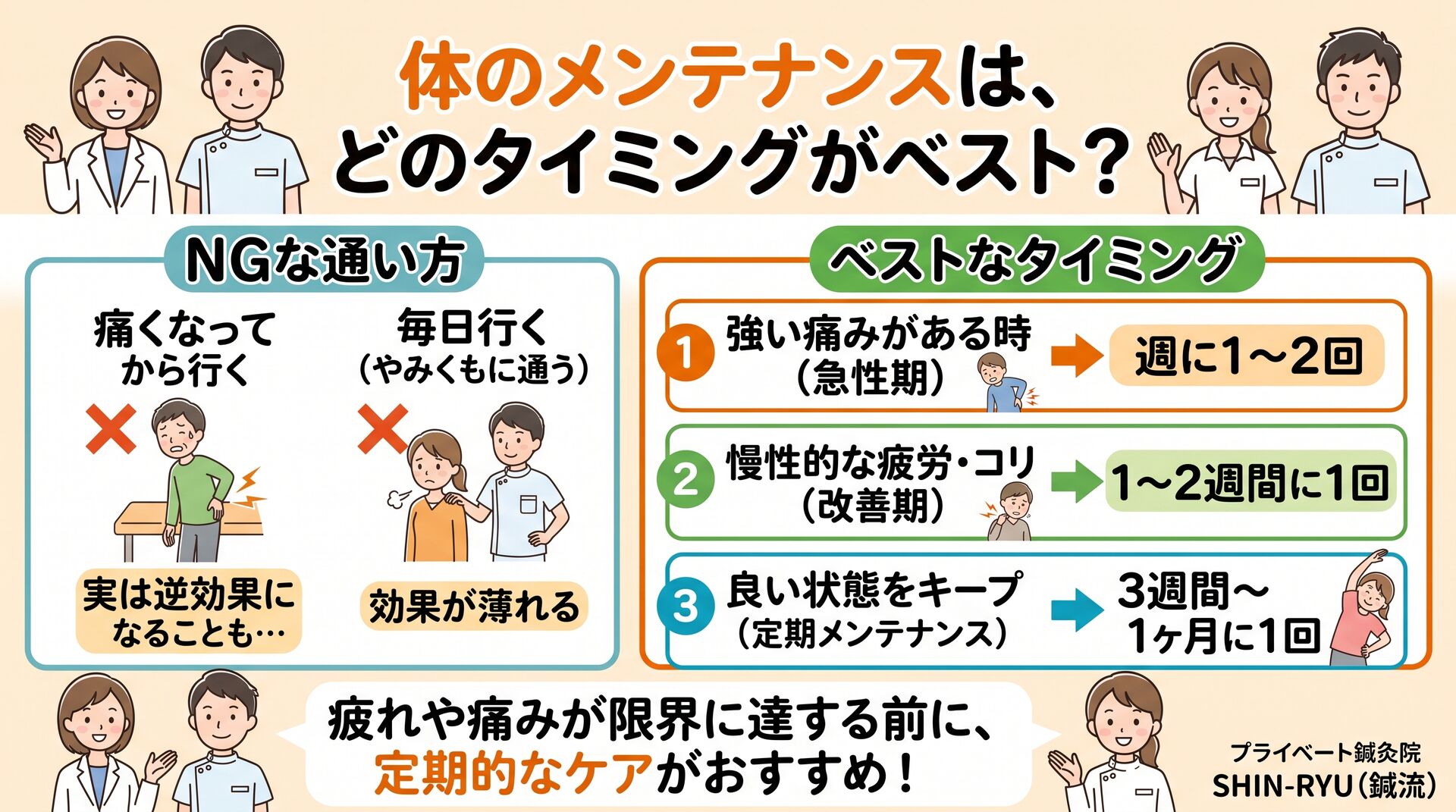 【鍼灸師・柔道整復師が解説】体のメンテナンスは、どのタイミングがベスト？症状別の理想的な通院頻度