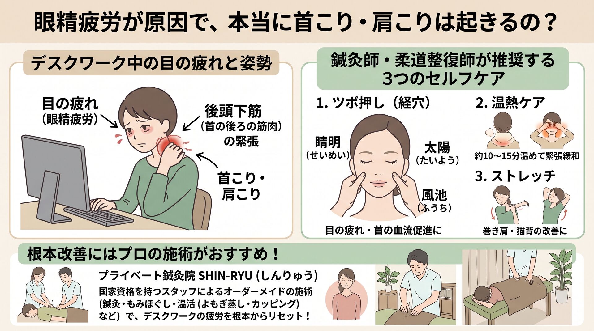 【プロが解説】眼精疲労が原因で本当に首こりや肩こりは起きるの？デスクワークとの関係とメカニズム