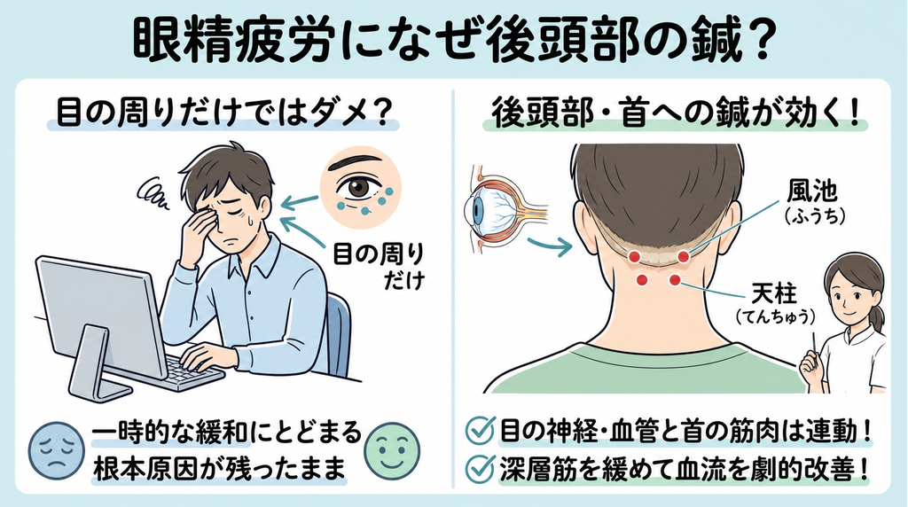 眼精疲労なのになぜ後頭部に鍼？風池・天柱が効く理由を鍼灸師が解説